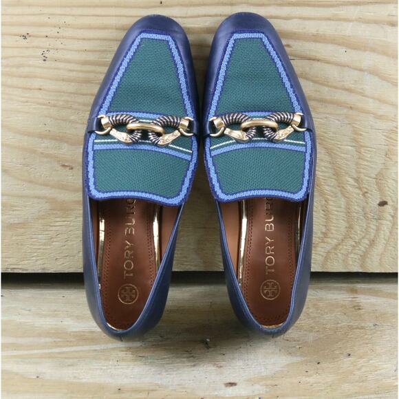 Tory Burch Loafers Women 7 M Blue Leather Green Rhinestone Jessa Horse Bit Flats - Picture 1 of 10
